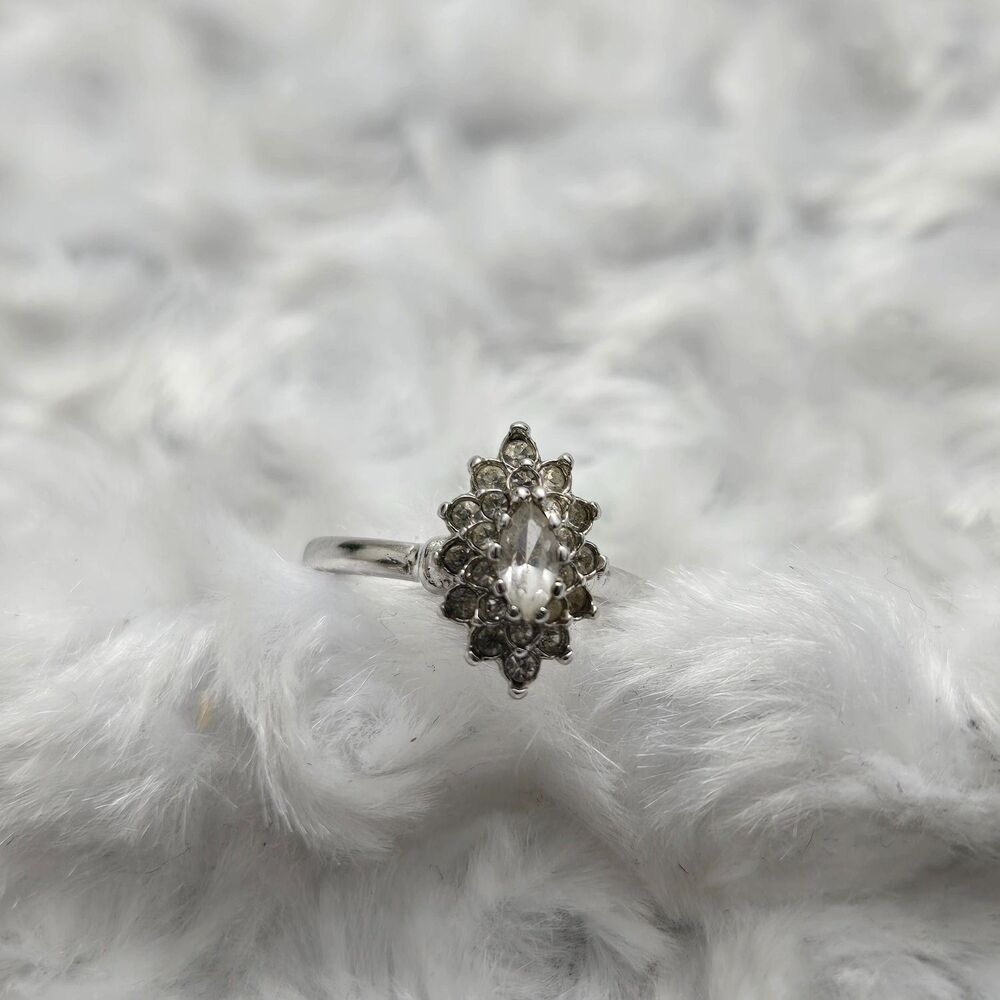 Vintage 18K GE Marquise Cluster Cocktail Ring Size 8 Silver Tone Clear Crystal